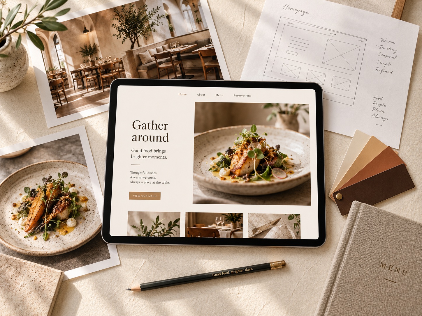 Restaurant website design concept on a tablet, surrounded by layout sketches, restaurant photographs and warm colour samples.