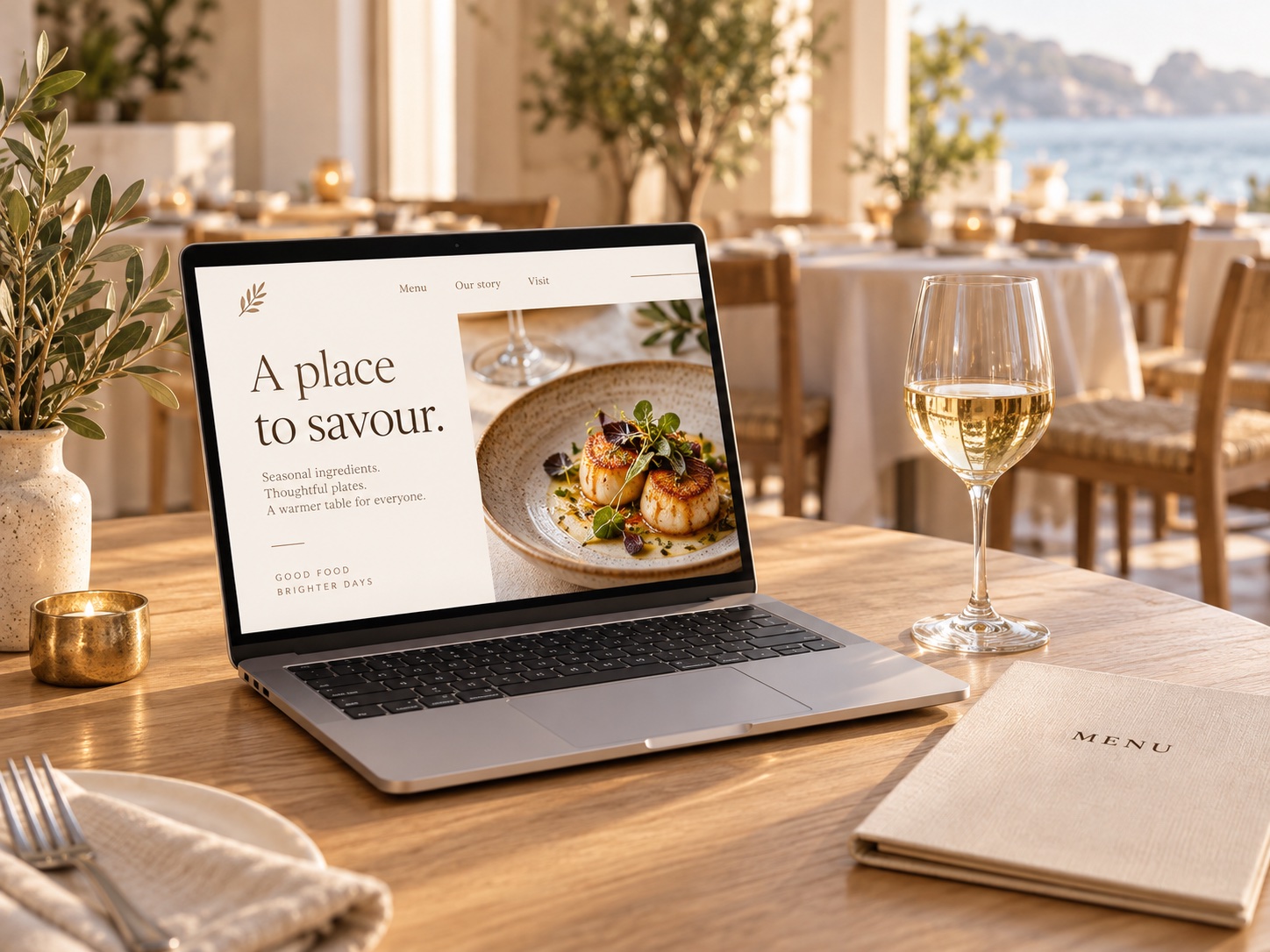 Restaurant website design concept on a laptop beside a menu and wine glass in a sunlit dining room.